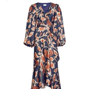 Tanya Taylor Wrap Midi Dress in Navy and Rust Floral